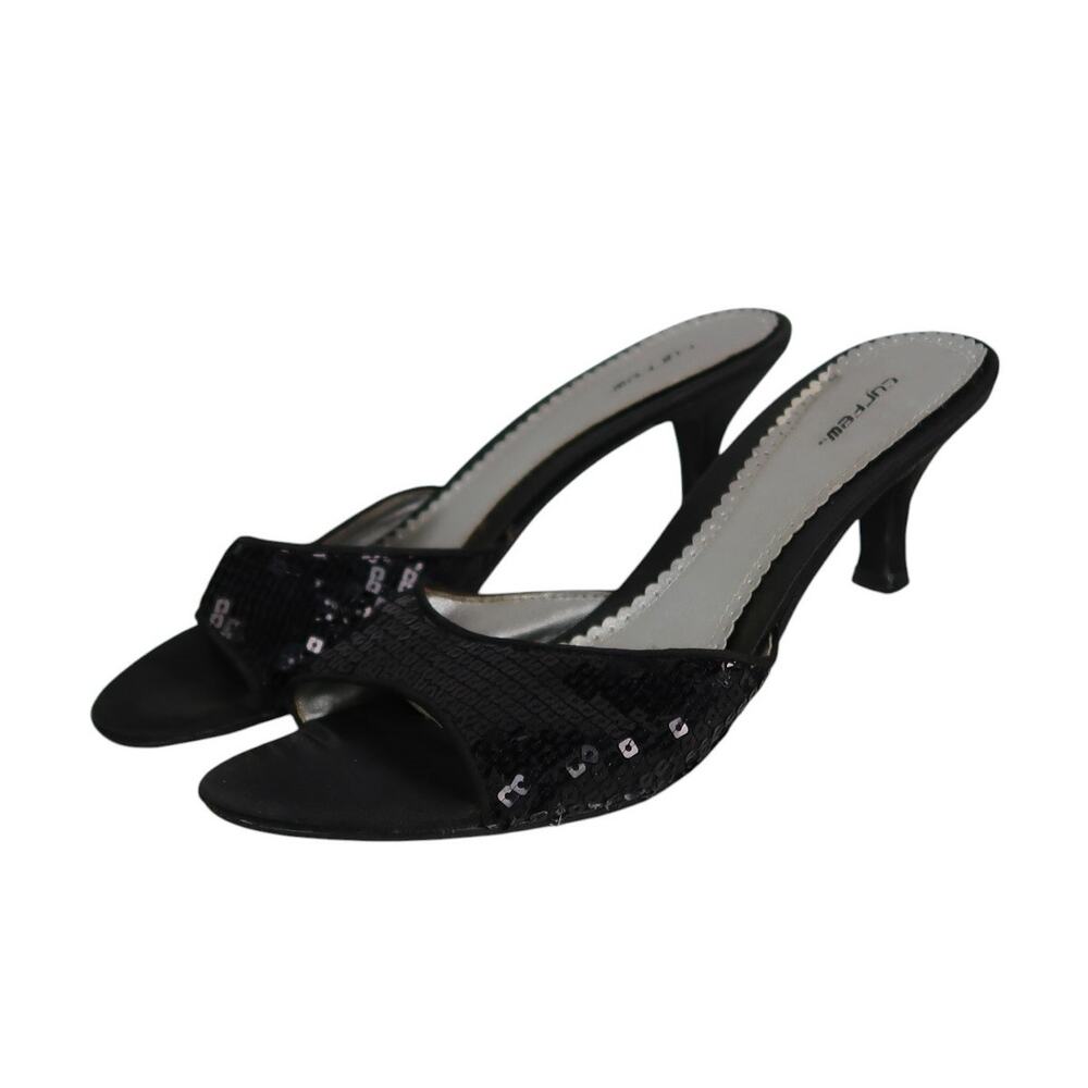 Vintage Y2K Curfew Black Sequin Embellished Open Toe Mule Kitten Heels 9.5